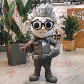 Gray Arrow Of Love mascot costume character dressed with a Leather Jacket and Eyeglasses