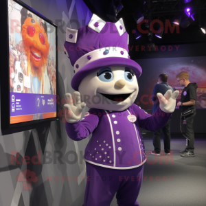 Purple Queen mascot costume character dressed with a Button-Up Shirt and Caps