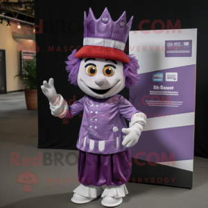 Purple Queen mascot costume character dressed with a Button-Up Shirt and Caps