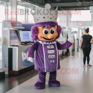 Purple Queen mascot costume character dressed with a Button-Up Shirt and Caps