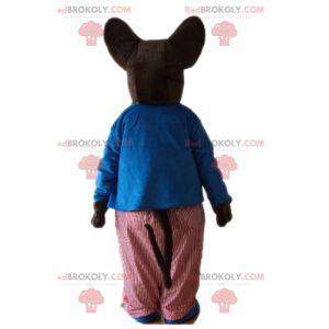 Maskottchen große braune Rattenmaus im bunten Outfit -