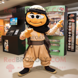 Tan Ninja mascot costume character dressed with a Skirt and Bracelets