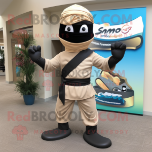 Tan Ninja mascot costume character dressed with a Skirt and Bracelets