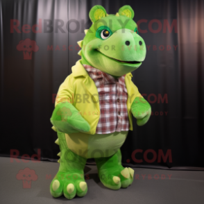 Lime Green Ankylosaurus mascot costume character dressed with a Flannel Shirt and Ties