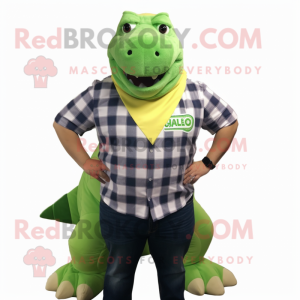 Lime Green Ankylosaurus mascot costume character dressed with a Flannel Shirt and Ties
