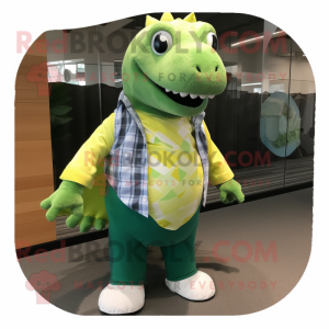 Lime Green Ankylosaurus mascot costume character dressed with a Flannel Shirt and Ties