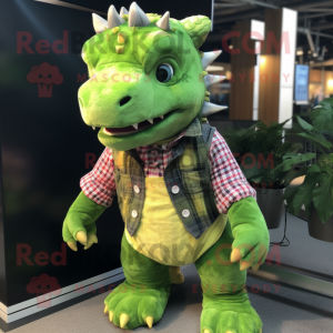 Lime Green Ankylosaurus mascot costume character dressed with a Flannel Shirt and Ties