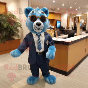 Sky Blue Mountain Lion mascot costume character dressed with a Suit Pants and Eyeglasses