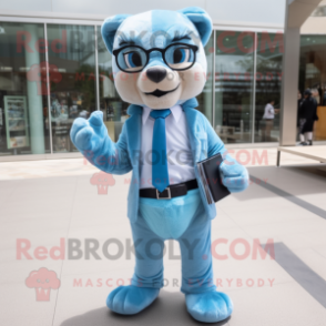 Sky Blue Mountain Lion mascot costume character dressed with a Suit Pants and Eyeglasses