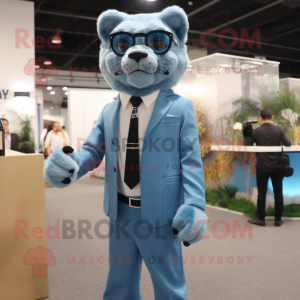 Sky Blue Mountain Lion mascot costume character dressed with a Suit Pants and Eyeglasses