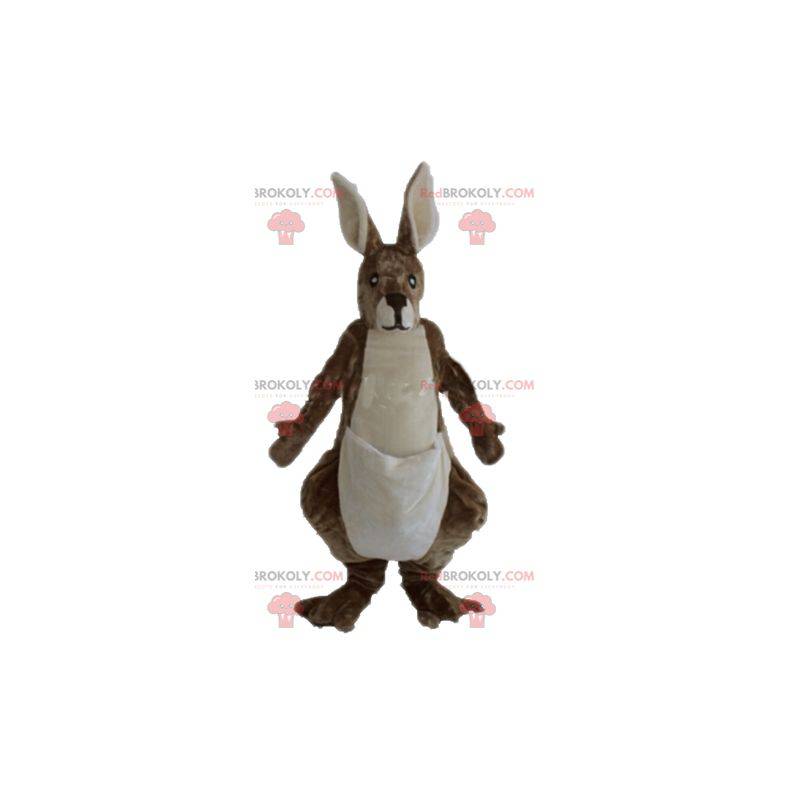 Mascote canguru gigante, macio e peludo, marrom e branco -