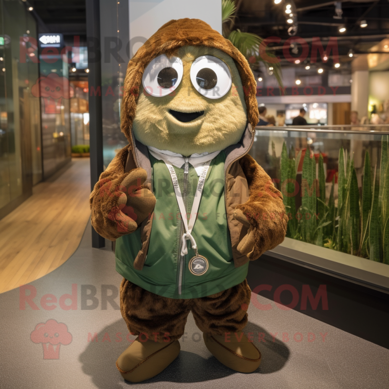 Brown Spinach mascot costume character dressed with a Parka and Necklaces