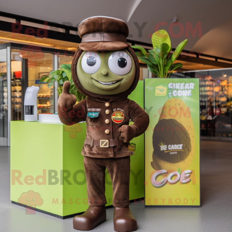 Olive Chocolate Bar mascot costume character dressed with a Flare Jeans and Berets Olive Chocolate Bar mascot costume character dressed with a Flare Jeans and Berets