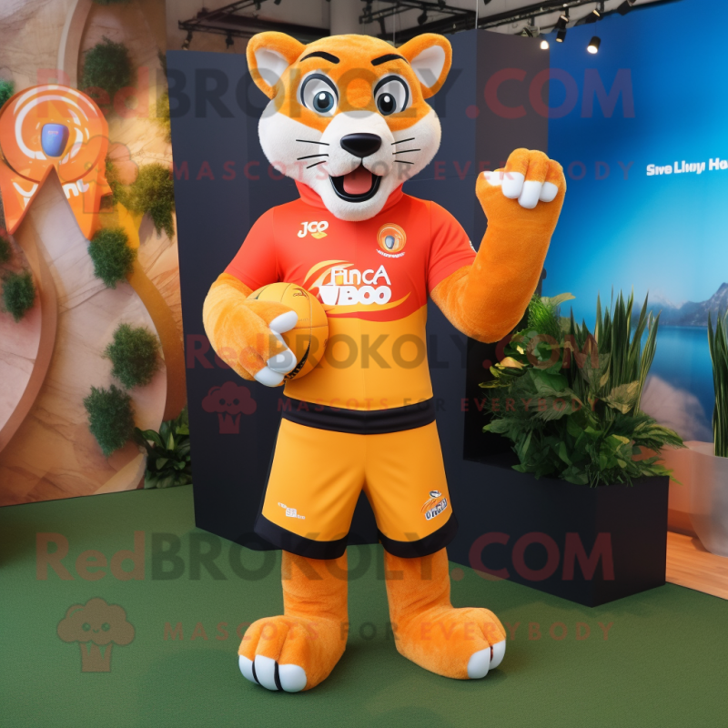 Orange Puma mascot costume character dressed with a Rugby Shirt and Gloves Orange Puma mascot costume character dressed with a Rugby Shirt and Gloves