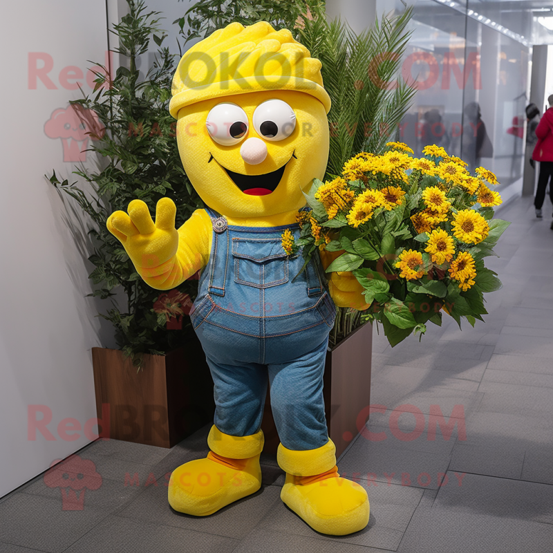 Yellow Bouquet Of Flowers mascot costume character dressed with a Boyfriend Jeans and Mittens