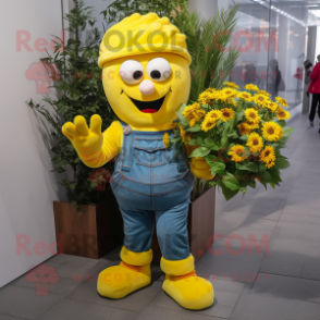 Yellow Bouquet Of Flowers mascot costume character dressed with a Boyfriend Jeans and Mittens