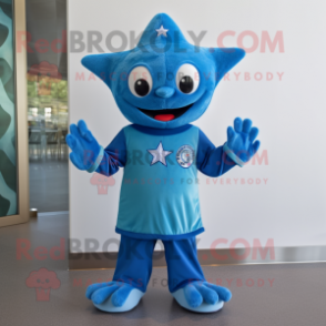 Blue Starfish mascot costume character dressed with a Rash Guard and Caps