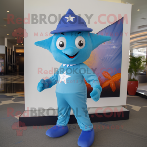 Blue Starfish mascot costume character dressed with a Rash Guard and Caps