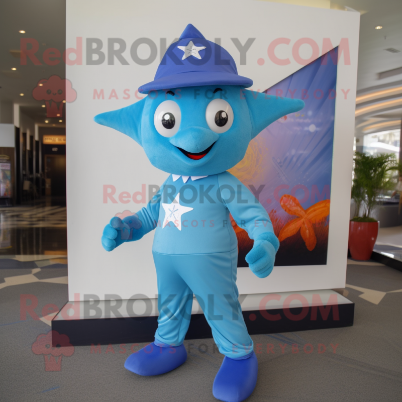 Blue Starfish mascot costume character dressed with a Rash Guard and Caps