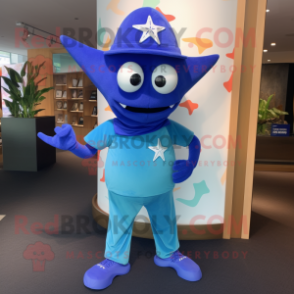 Blue Starfish mascot costume character dressed with a Rash Guard and Caps