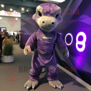 Purple Komodo Dragon mascot costume character dressed with a Playsuit and Backpacks
