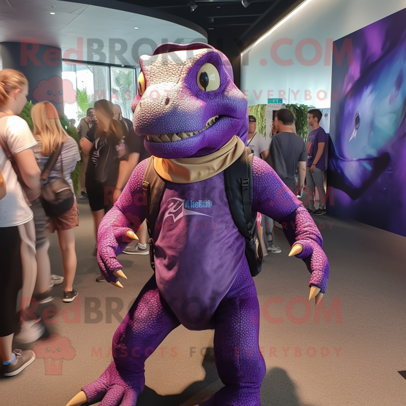 Purple Komodo Dragon mascot costume character dressed with a Playsuit and Backpacks