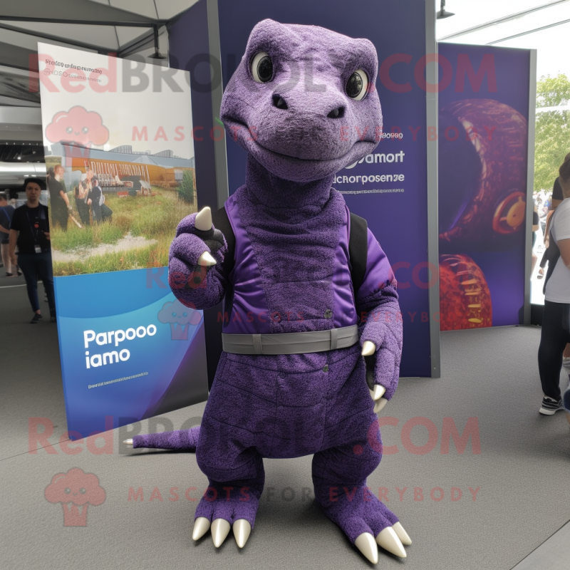 Purple Komodo Dragon mascot costume character dressed with a Playsuit and Backpacks