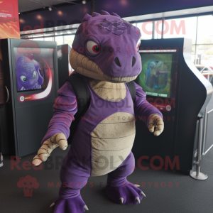 Purple Komodo Dragon mascot costume character dressed with a Playsuit and Backpacks