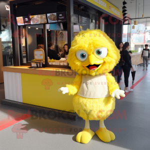 Lemon Yellow Fried Chicken mascot costume character dressed with a Mini Skirt and Keychains