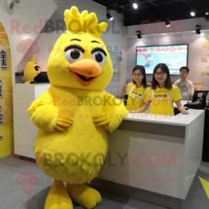 Lemon Yellow Fried Chicken mascot costume character dressed with a Mini Skirt and Keychains