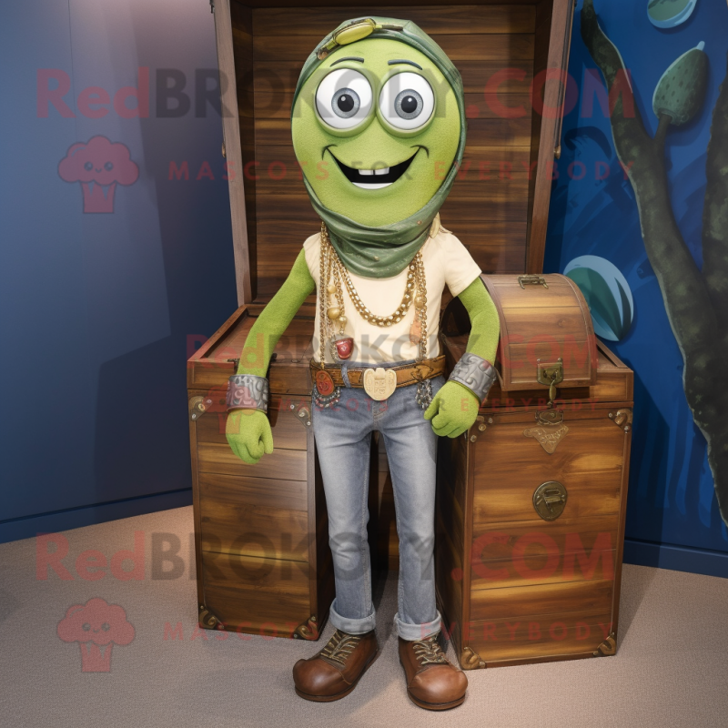 Olive Treasure Chest mascot costume character dressed with a Bootcut Jeans and Necklaces