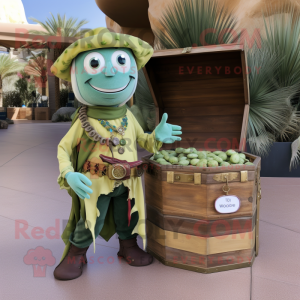 Olive Treasure Chest mascot costume character dressed with a Bootcut Jeans and Necklaces
