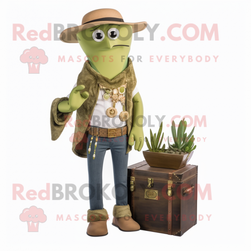 Olive Treasure Chest mascot costume character dressed with a Bootcut Jeans and Necklaces