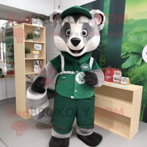 Forest Green Badger mascot costume character dressed with a Overalls and Coin purses