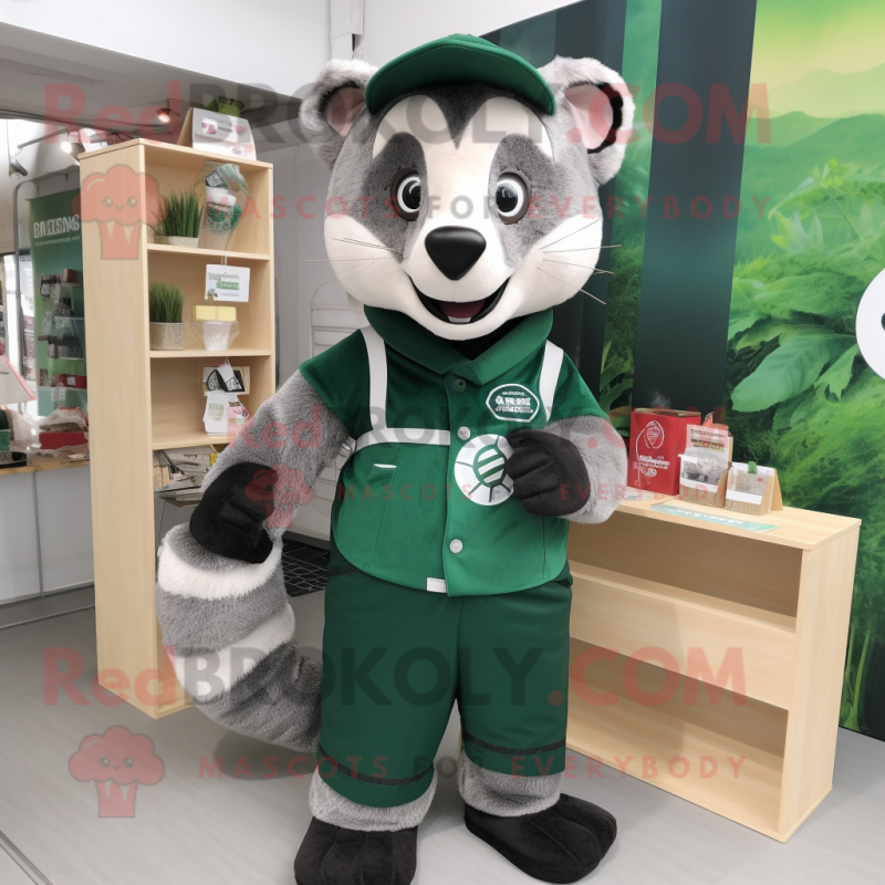Forest Green Badger mascot costume character dressed with a Overalls and Coin purses Forest Green Badger mascot costume character dressed with a Overalls and Coin purses