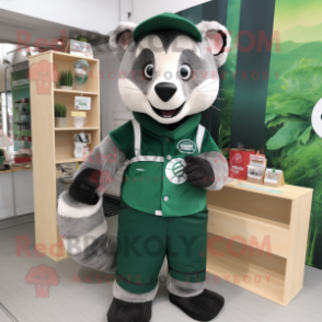 Forest Green Badger mascot costume character dressed with a Overalls and Coin purses