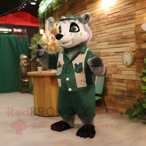 Forest Green Badger mascot costume character dressed with a Overalls and Coin purses