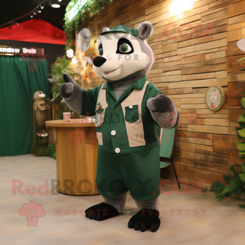 Forest Green Badger mascot costume character dressed with a Overalls and Coin purses