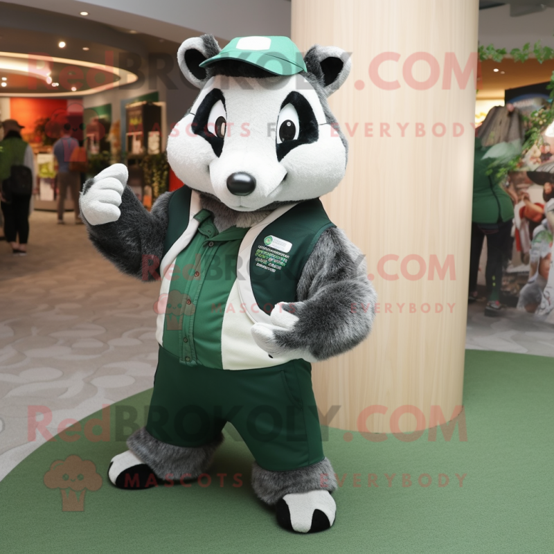 Forest Green Badger mascot costume character dressed with a Overalls and Coin purses Forest Green Badger mascot costume character dressed with a Overalls and Coin purses