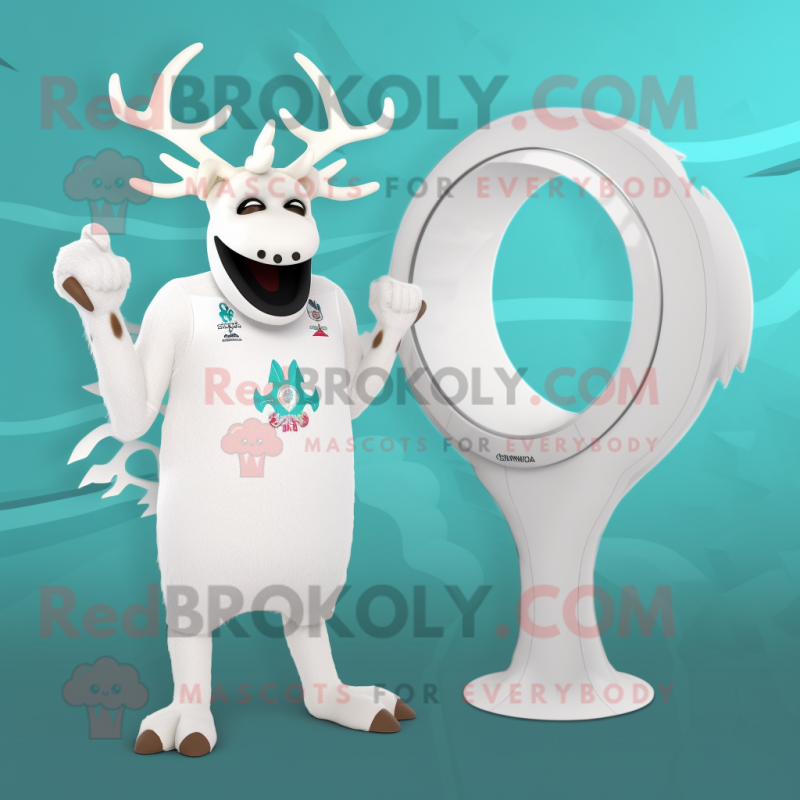 White Elk mascot costume character dressed with a One-Piece Swimsuit and Rings White Elk mascot costume character dressed with a One-Piece Swimsuit and Rings