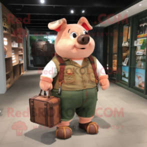 Rust Pig mascot costume character dressed with a Cargo Shorts and Tote bags