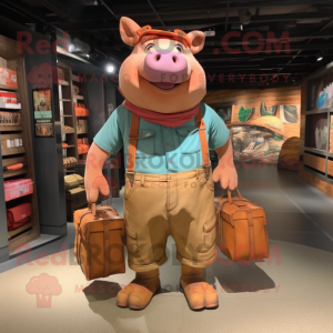 Rust Pig mascot costume character dressed with a Cargo Shorts and Tote bags