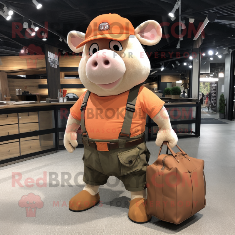 Rust Pig mascot costume character dressed with a Cargo Shorts and Tote bags