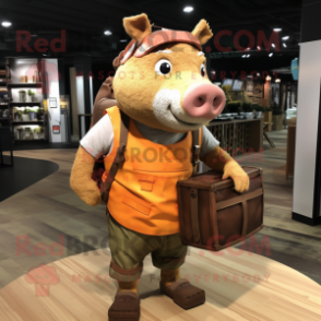 Rust Pig mascot costume character dressed with a Cargo Shorts and Tote bags