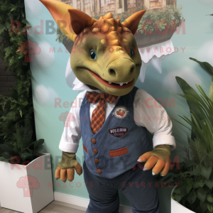nan Triceratops mascot costume character dressed with a Waistcoat and Pocket squares