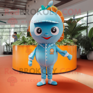 Sky Blue Grapefruit mascot costume character dressed with a Jumpsuit and Cufflinks