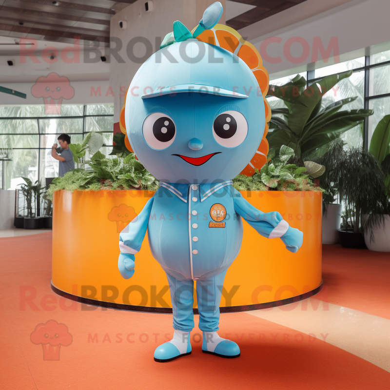 Sky Blue Grapefruit mascot costume character dressed with a Jumpsuit and Cufflinks