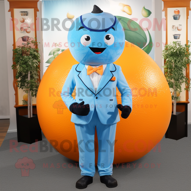 Sky Blue Grapefruit mascot costume character dressed with a Jumpsuit and Cufflinks