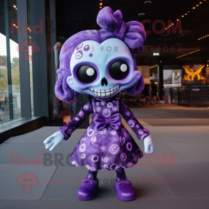 Purple Skull mascot costume character dressed with a Midi Dress and Bow ties