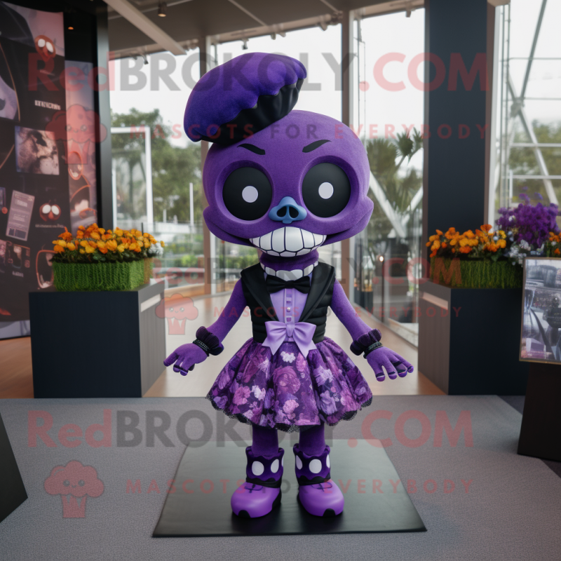 Purple Skull mascot costume character dressed with a Midi Dress and Bow ties